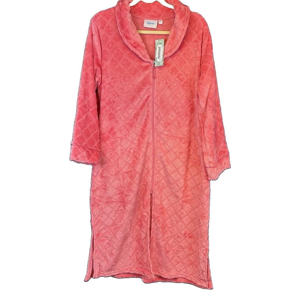 National Women's Pink Quilted Fleece Zip Front Robe Housecoat Pockets PM